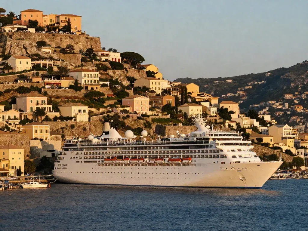 A cruise ship moored below a pastel hillside town on the Mediterranean coast