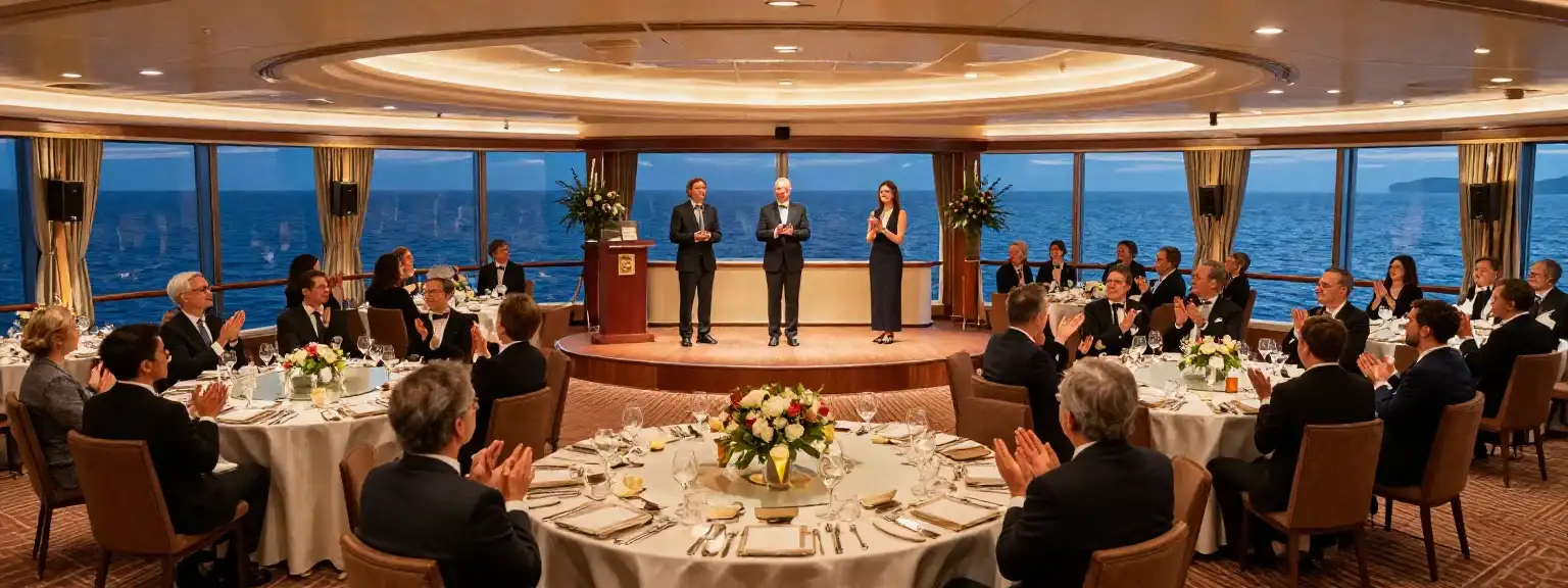 A corporate group in evening attire applauding at an awards dinner in a cruise ship dining room
