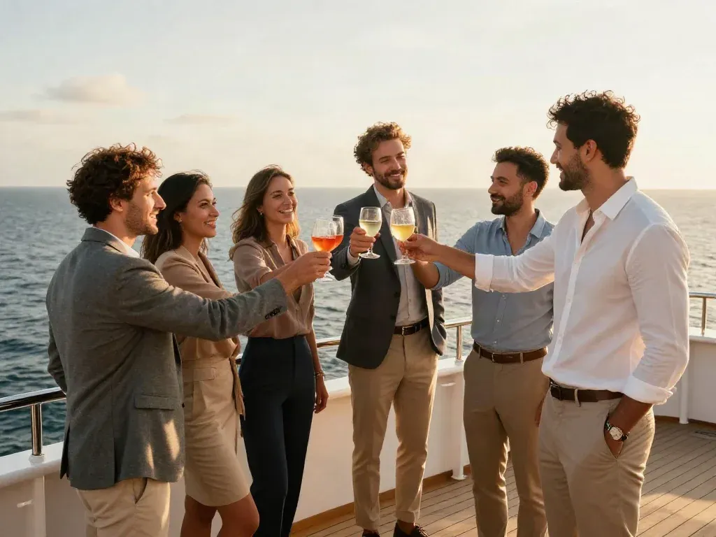 Business colleagues celebrating with drinks on a cruise ship deck terrace at golden hour