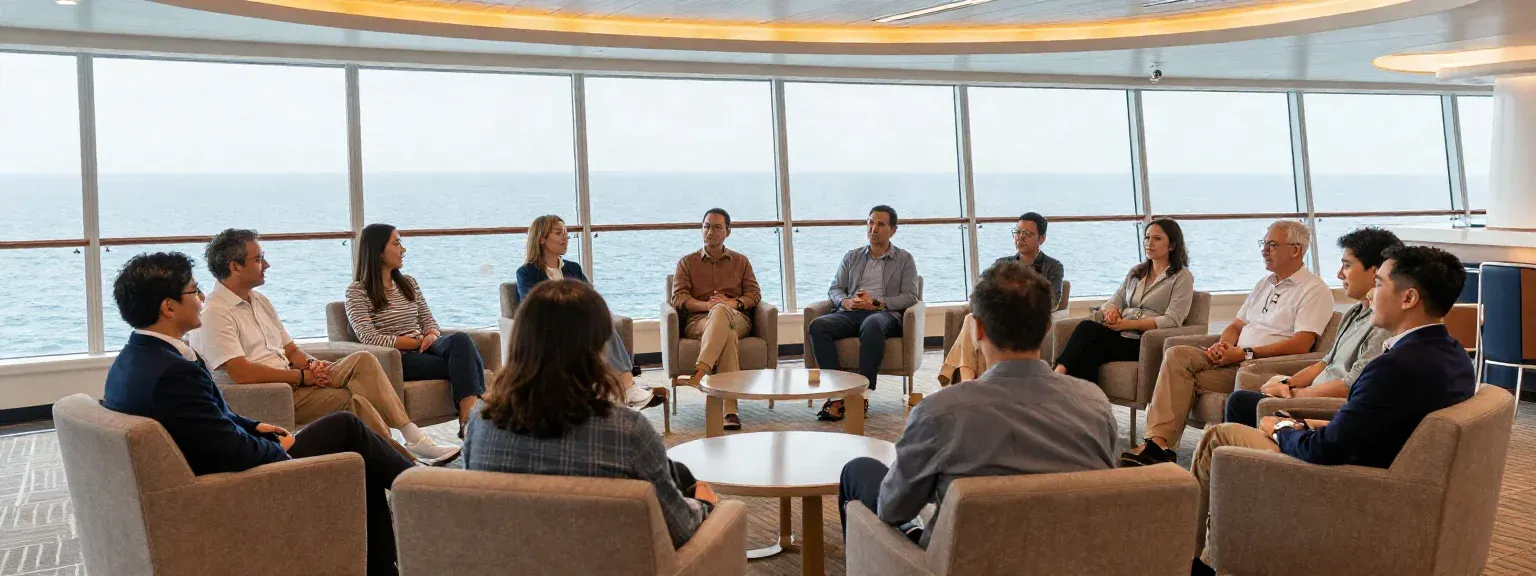 About twenty adults seated in a semicircle in a bright cruise ship lounge with ocean visible through floor to ceiling windows