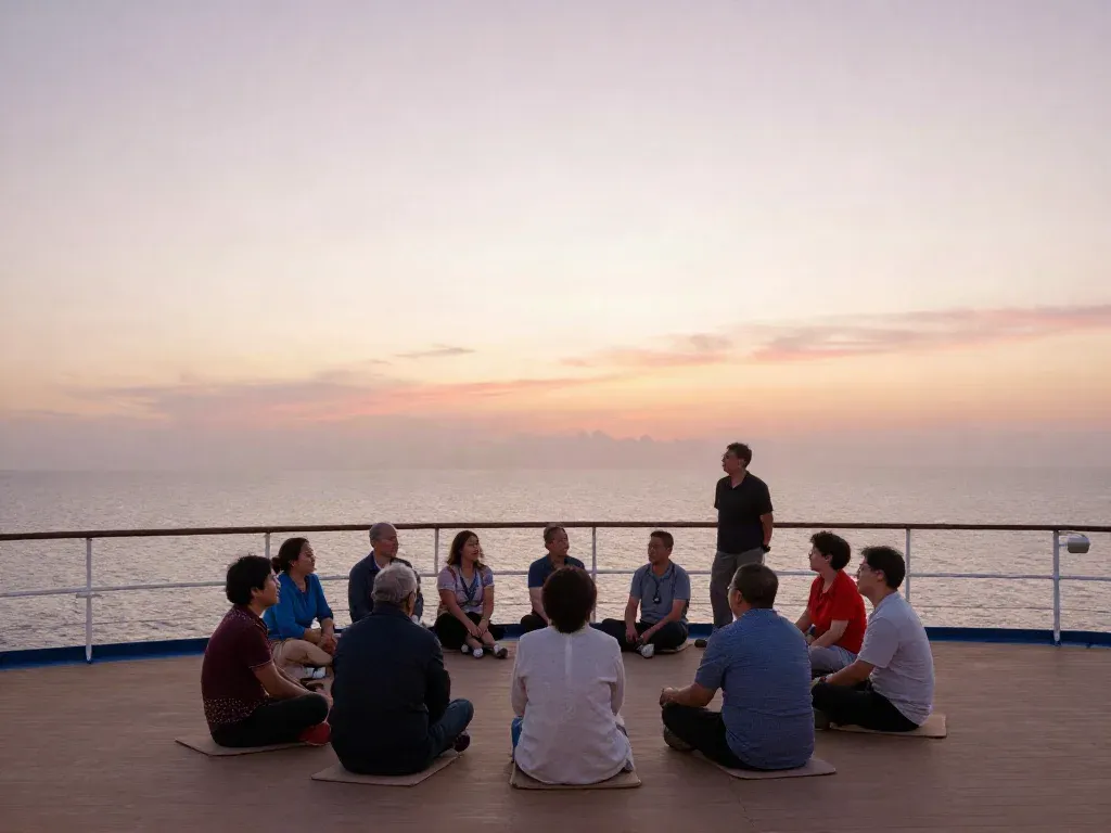 A small group gathered on a quiet cruise ship deck at sunrise for a morning session