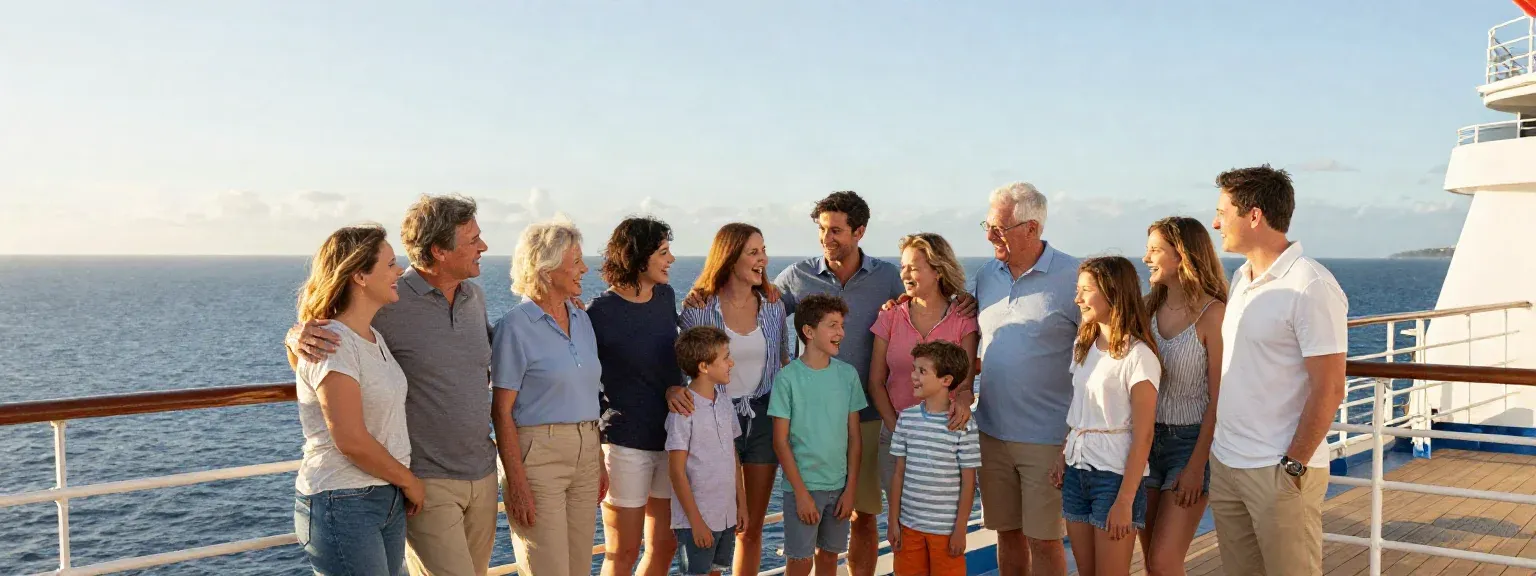A large multigenerational family gathered along the railing on the deck of a cruise ship at golden hour