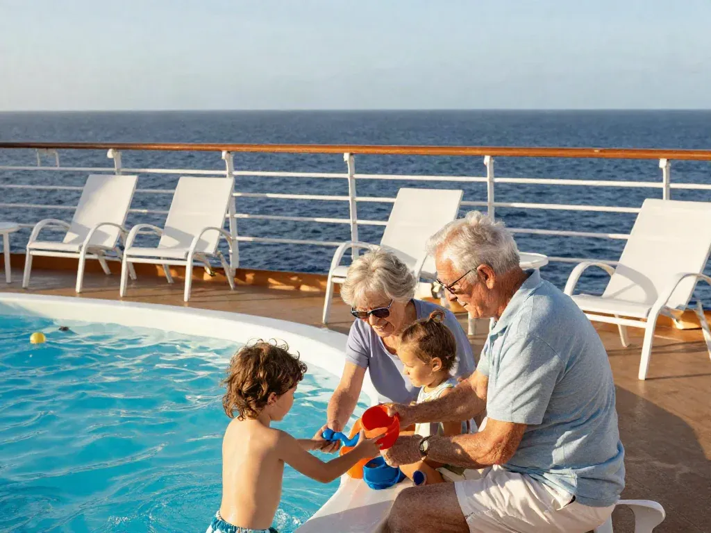 Grandparents and grandchildren playing together beside a cruise ship pool on a sunny day